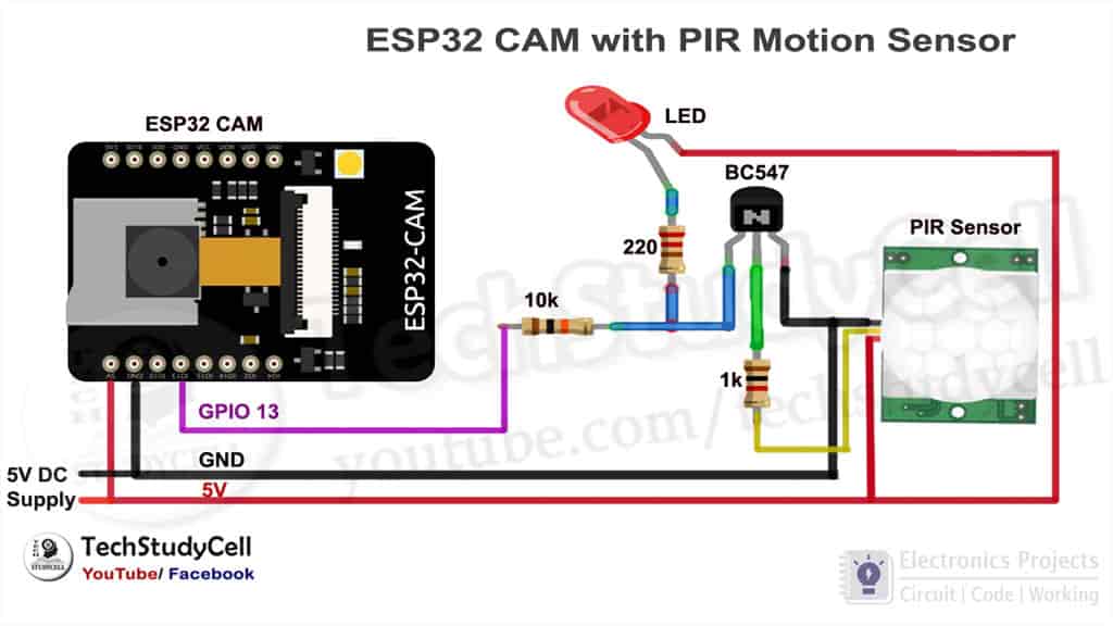 Circuit of ESP32CAM PIR motion sensor camera