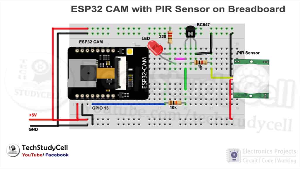 circuit esp32cam PIR circuit on breadboard